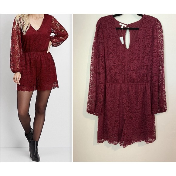 Maurices Pants - Maurices Long Sleeve All Over Lace Romper Burgundy Large NWT